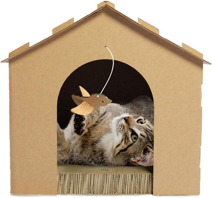Cardboard Cat House Gingerbread House, Cat Hideout Scratcher with Detachable Hanging Toys