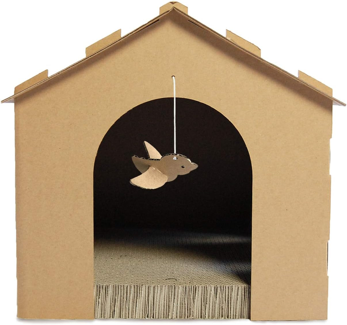 Cardboard Cat House Gingerbread House, Cat Hideout Scratcher with Detachable Hanging Toys
